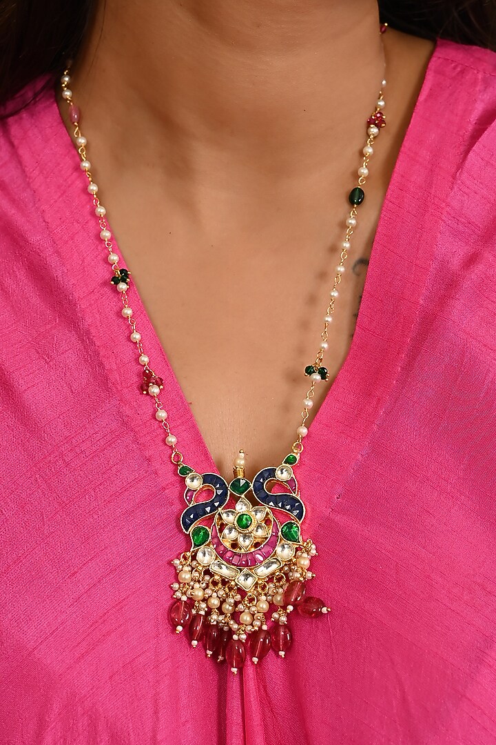 Micro Gold Finish Kundan Polki & Pink Drop Long Necklace Set by Namasya at Pernia's Pop Up Shop