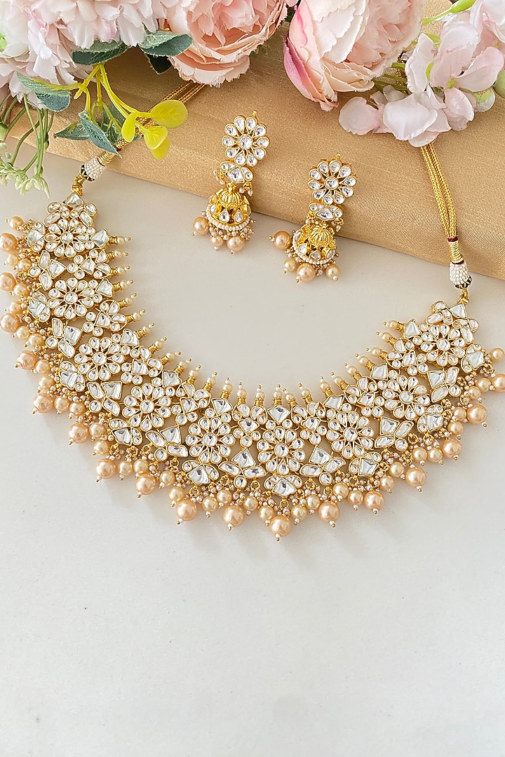 Micro Gold Finish Kundan Polki & Pearl Drop Necklace Set by Namasya at Pernia's Pop Up Shop