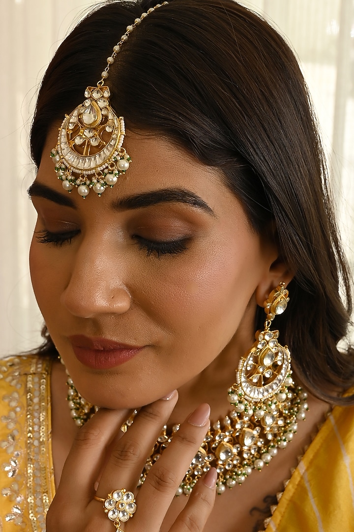 Micro Gold Finish Kundan Polki & Green Pearl Necklace Set by Namasya at Pernia's Pop Up Shop