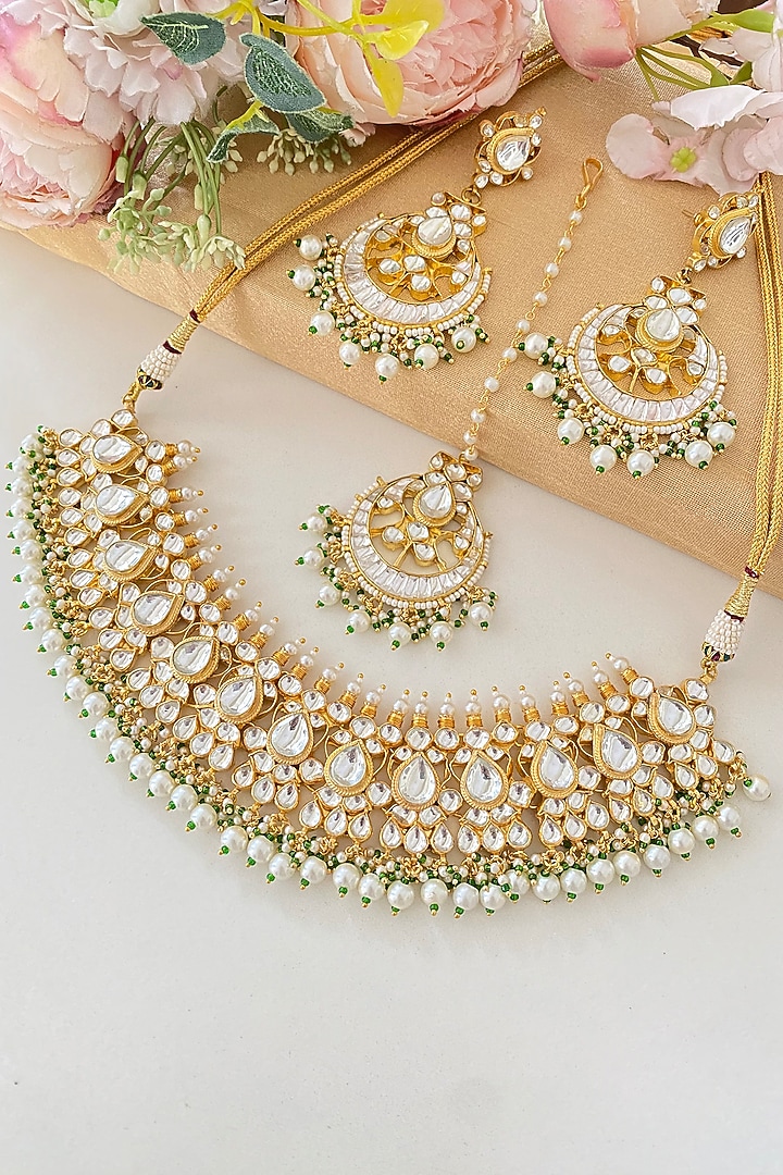 Micro Gold Finish Kundan Polki & Green Pearl Necklace Set by Namasya at Pernia's Pop Up Shop