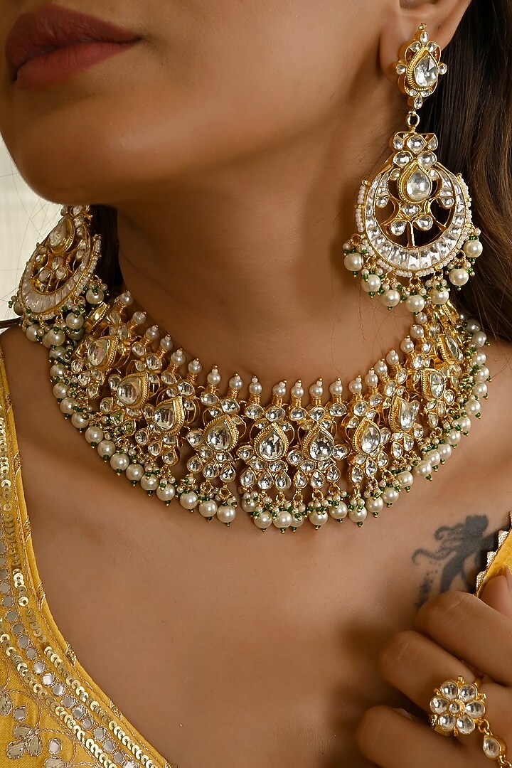 Micro Gold Finish Kundan Polki & Green Pearl Necklace Set by Namasya at Pernia's Pop Up Shop
