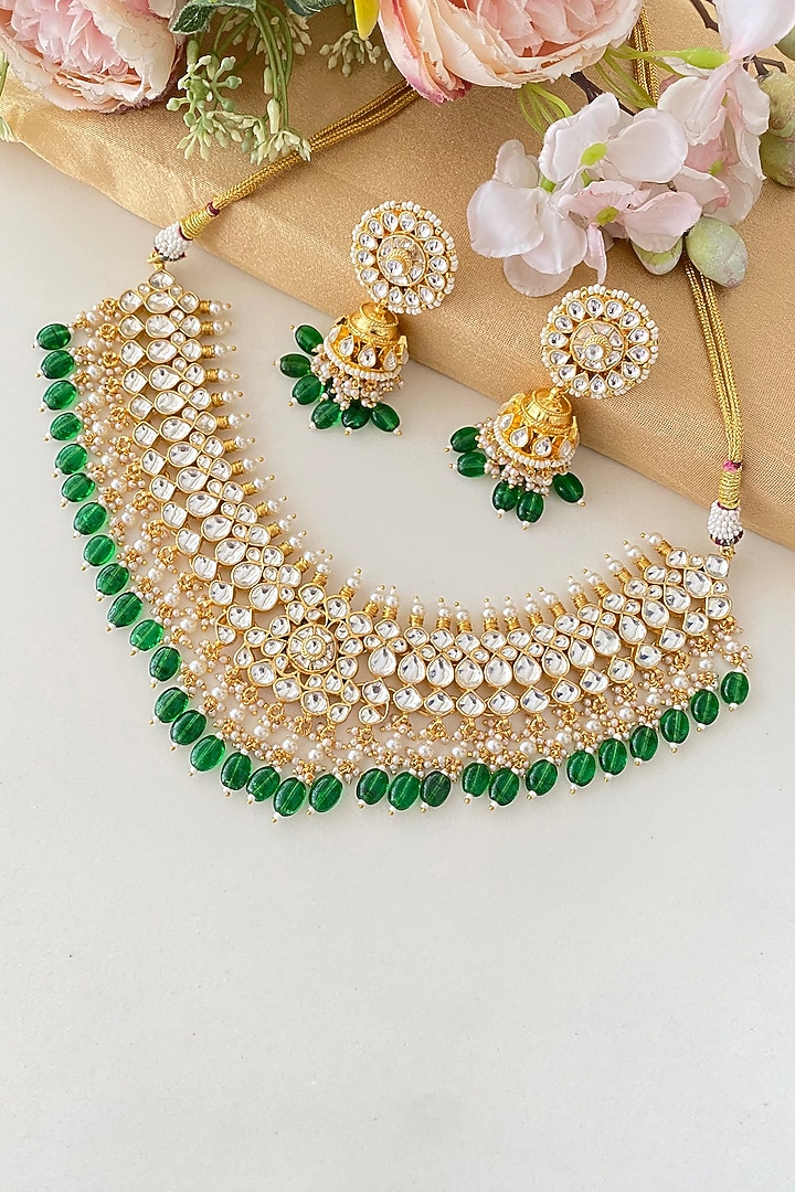 Micro Gold Finish Kundan Polki & Green Beaded Necklace Set by Namasya at Pernia's Pop Up Shop
