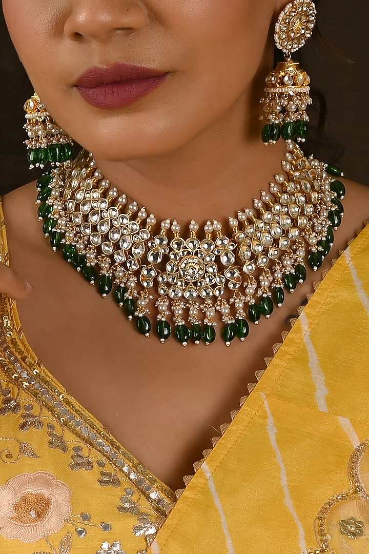 Micro Gold Finish Kundan Polki & Green Beaded Necklace Set by Namasya at Pernia's Pop Up Shop