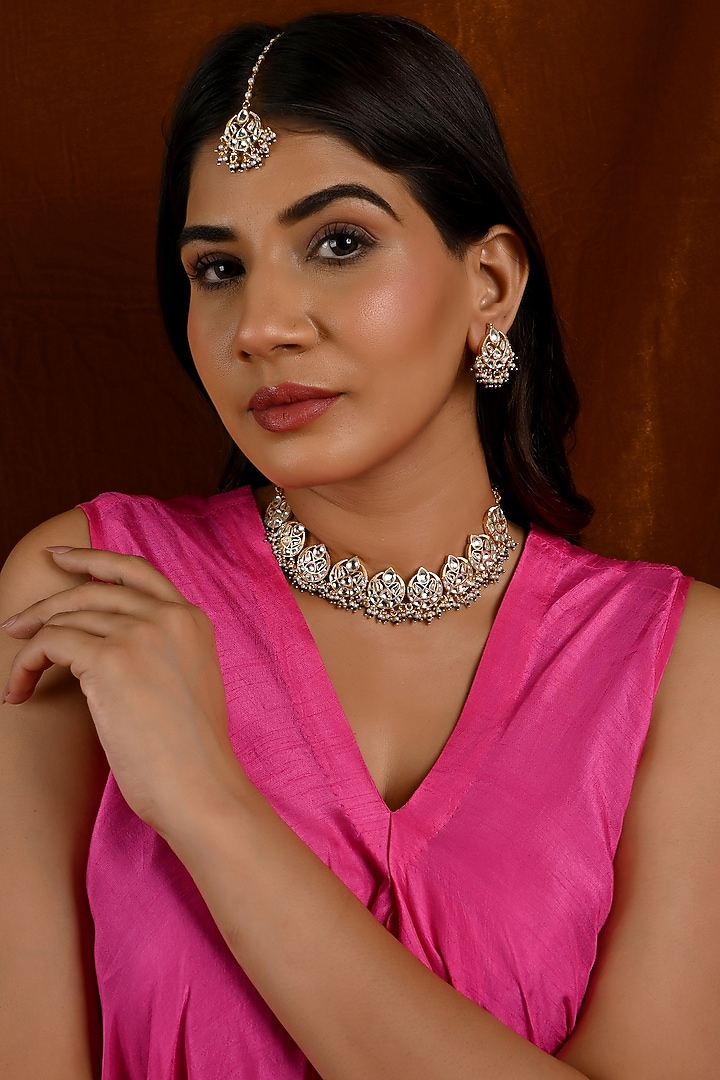 Micro Gold Finish Kundan Polki & Green Pearl Necklace Set by Namasya at Pernia's Pop Up Shop