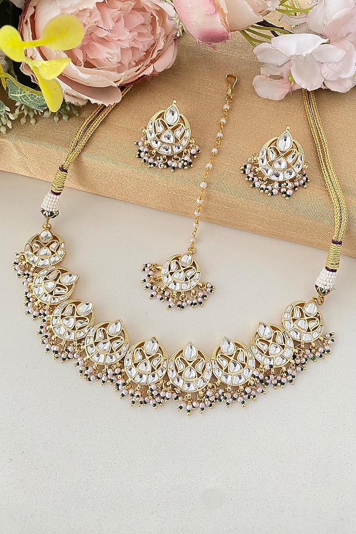 Micro Gold Finish Kundan Polki & Green Pearl Necklace Set by Namasya at Pernia's Pop Up Shop