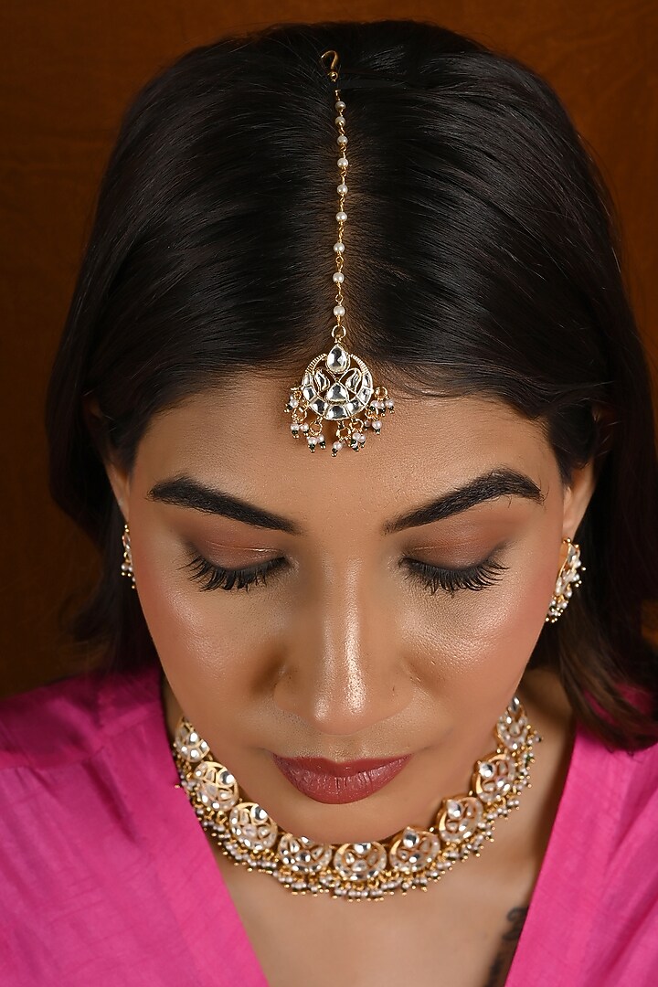 Micro Gold Finish Kundan Polki & Green Pearl Necklace Set by Namasya at Pernia's Pop Up Shop