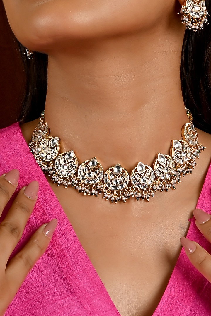 Micro Gold Finish Kundan Polki & Green Pearl Necklace Set by Namasya at Pernia's Pop Up Shop