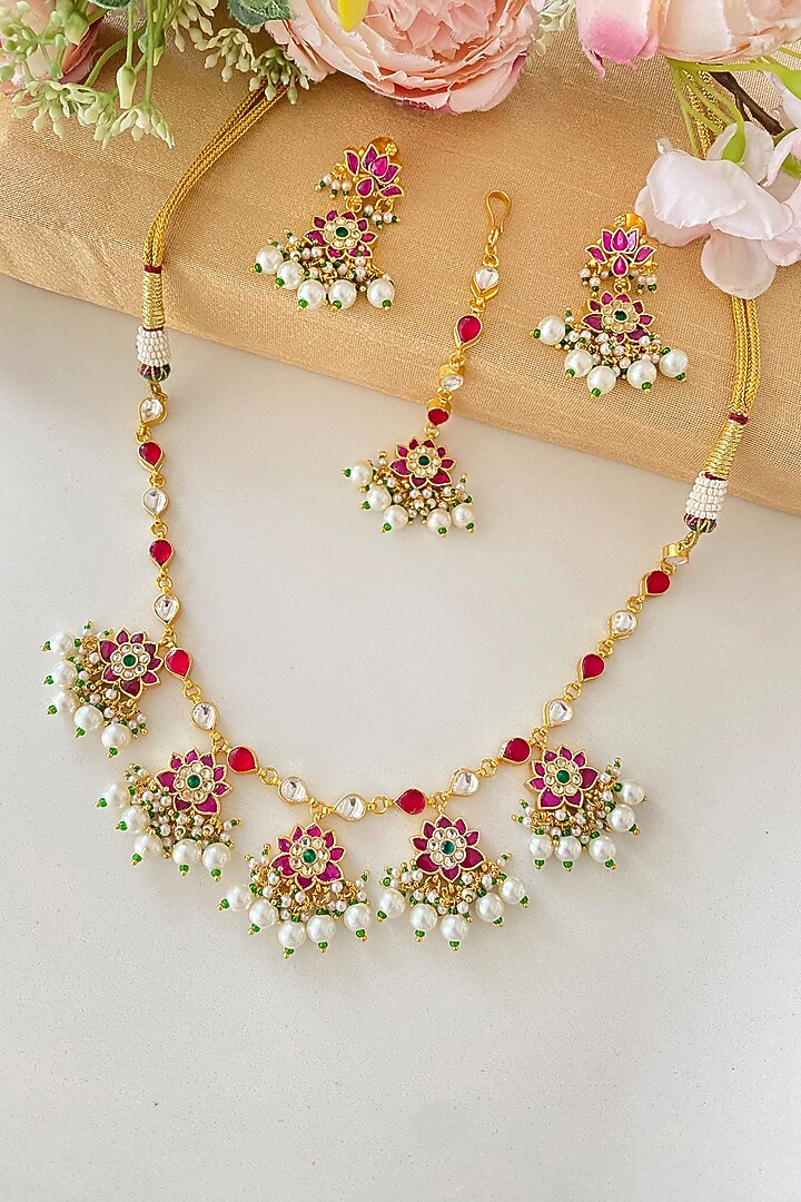 Micro Gold Finish Pink Kundan Polki & White Beaded Necklace Set by Namasya at Pernia's Pop Up Shop