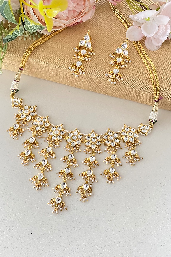 Micro Gold Finish Kundan Polki & Pearl Drop Necklace Set by Namasya at Pernia's Pop Up Shop