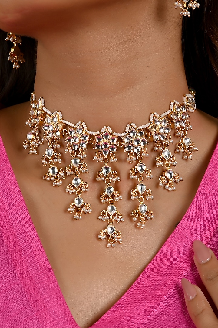 Micro Gold Finish Kundan Polki & Pearl Drop Necklace Set by Namasya at Pernia's Pop Up Shop