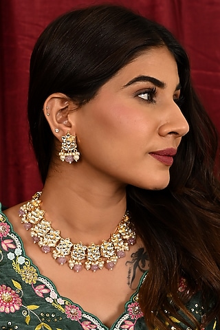 Micro Gold Finish Kundan Polki & Purple Drop Necklace Set by Namasya
