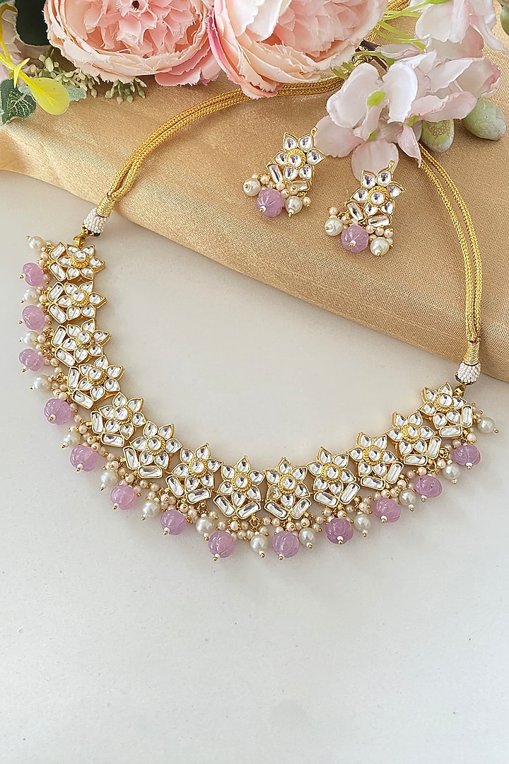 Micro Gold Finish Kundan Polki & Purple Drop Necklace Set by Namasya at Pernia's Pop Up Shop