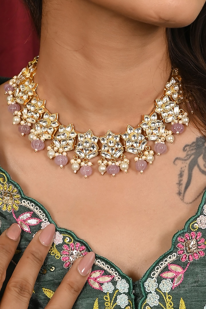 Micro Gold Finish Kundan Polki & Purple Drop Necklace Set by Namasya at Pernia's Pop Up Shop