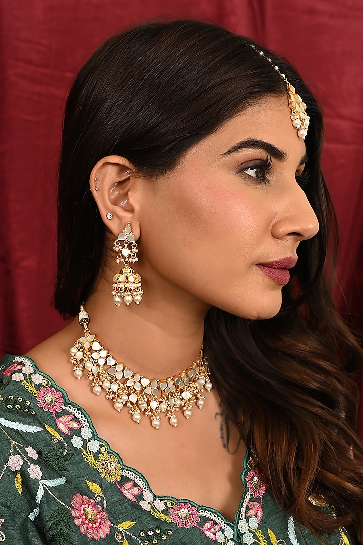 Micro Gold Finish Mother Of Pearl Drop Necklace Set by Namasya at Pernia's Pop Up Shop