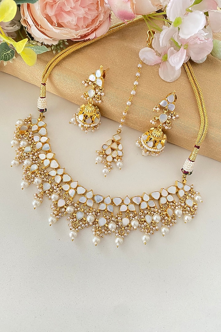 Micro Gold Finish Mother Of Pearl Drop Necklace Set by Namasya at Pernia's Pop Up Shop