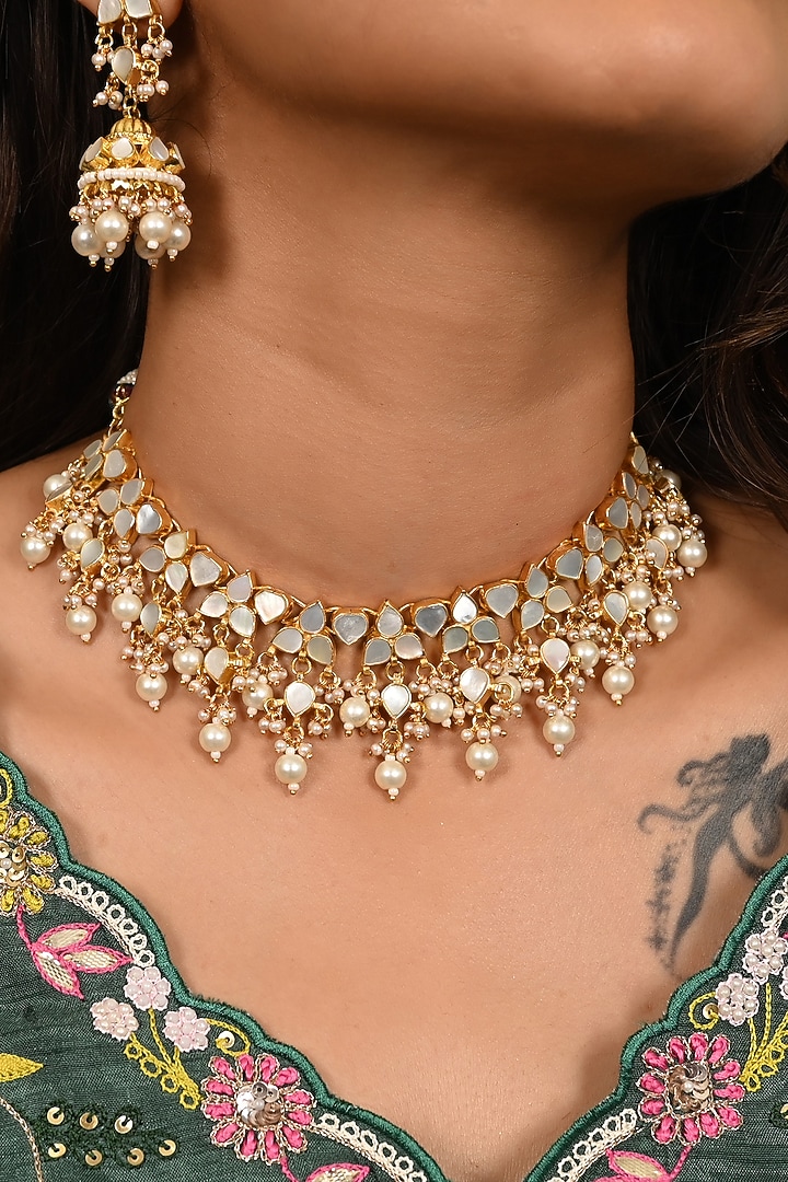 Micro Gold Finish Mother Of Pearl Drop Necklace Set by Namasya at Pernia's Pop Up Shop
