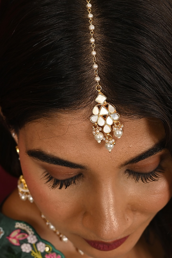 Micro Gold Finish Mother Of Pearl Drop Necklace Set by Namasya at Pernia's Pop Up Shop