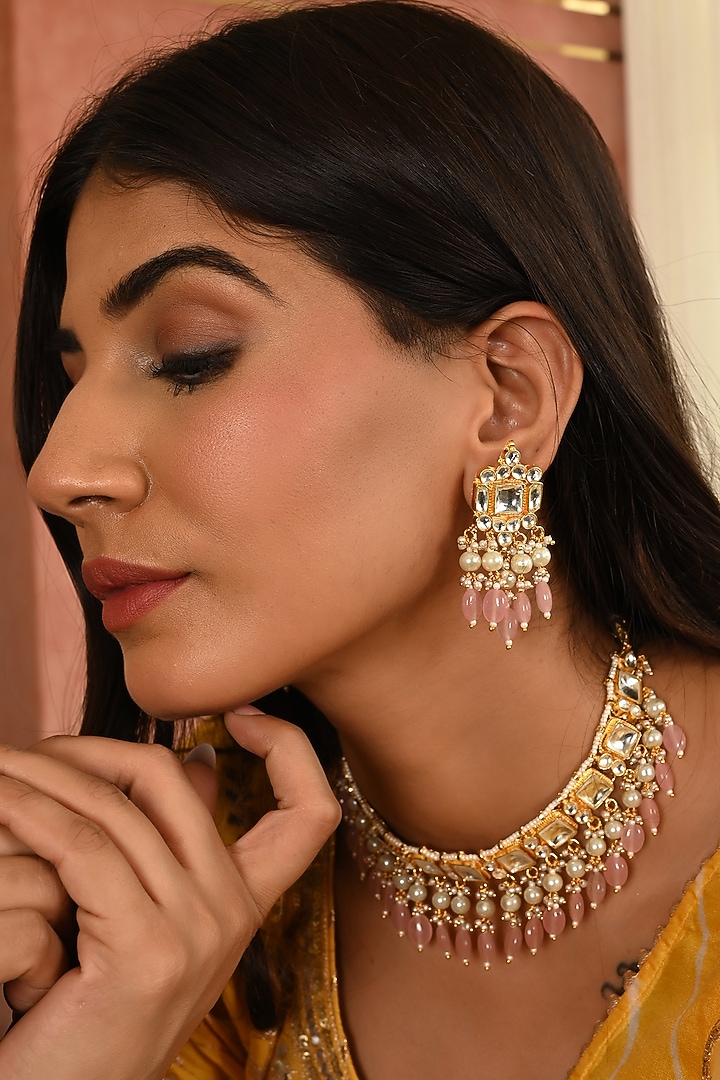 Micro Gold Finish Kundan Polki & Pink Drop Necklace Set by Namasya at Pernia's Pop Up Shop