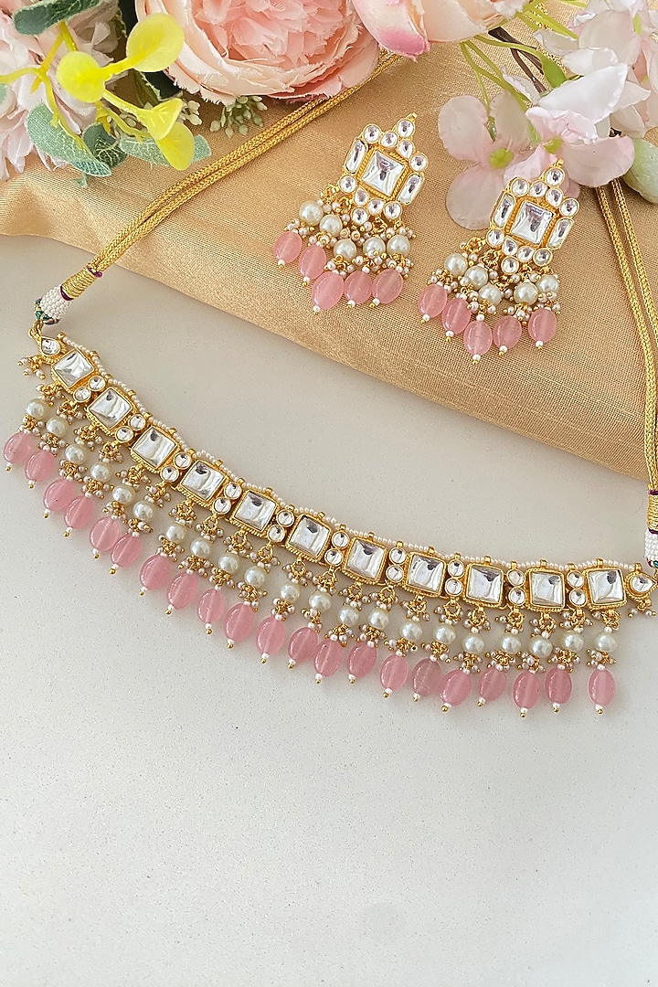 Micro Gold Finish Kundan Polki & Pink Drop Necklace Set by Namasya at Pernia's Pop Up Shop