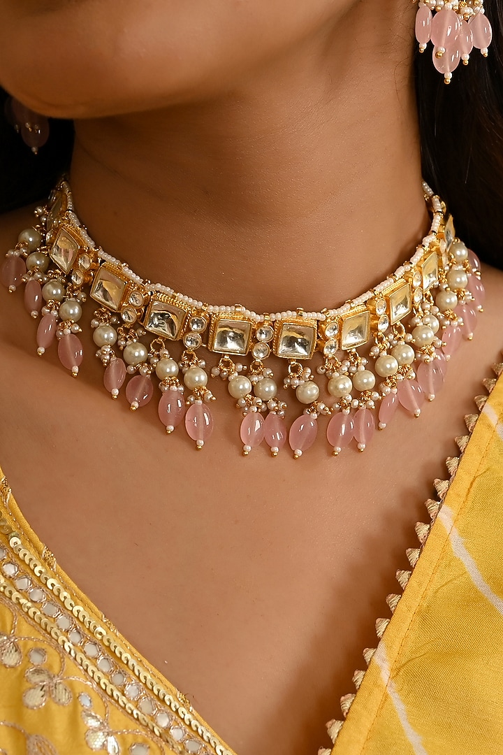 Micro Gold Finish Kundan Polki & Pink Drop Necklace Set by Namasya at Pernia's Pop Up Shop