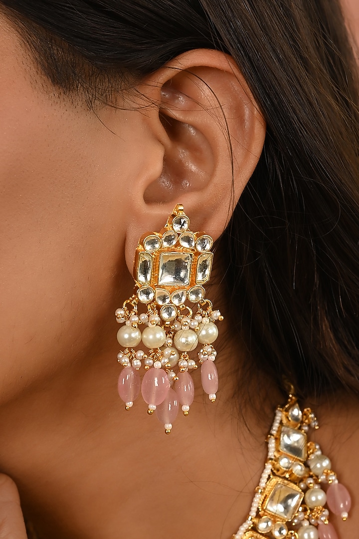 Micro Gold Finish Kundan Polki & Pink Drop Necklace Set by Namasya at Pernia's Pop Up Shop
