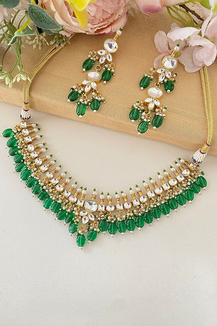 Micro Gold Finish Kundan Polki & Green Drop Necklace Set by Namasya at Pernia's Pop Up Shop
