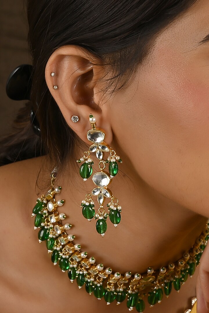 Micro Gold Finish Kundan Polki & Green Drop Necklace Set by Namasya at Pernia's Pop Up Shop