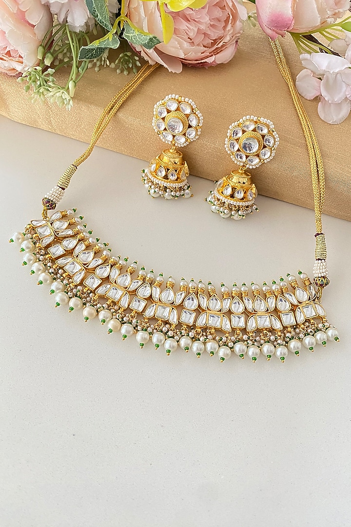 Micro Gold Finish Kundan Polki & Pearl Drop Choker Necklace Set by Namasya at Pernia's Pop Up Shop