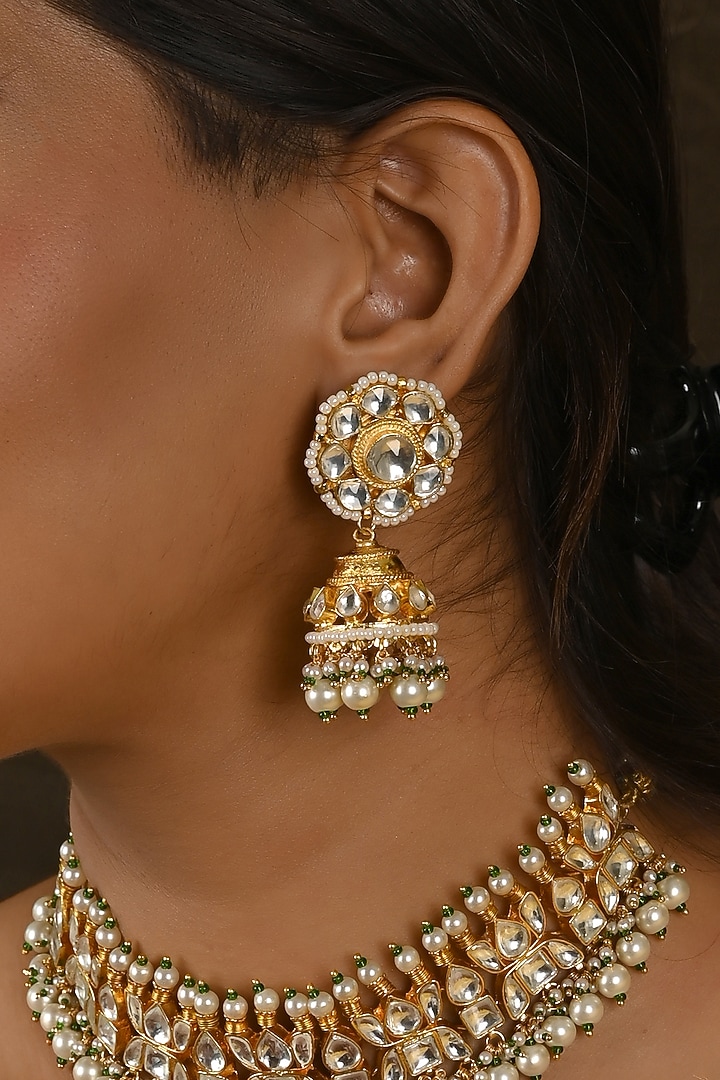 Micro Gold Finish Kundan Polki & Pearl Drop Choker Necklace Set by Namasya at Pernia's Pop Up Shop