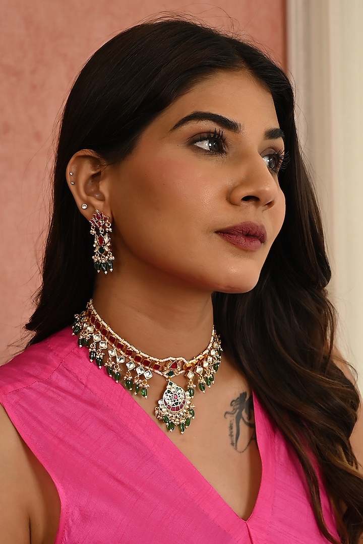 Micro Gold Finish Pink Kundan Polki & Green Drop Necklace Set by Namasya at Pernia's Pop Up Shop