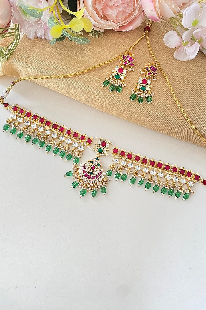 Micro Gold Finish Pink Kundan Polki & Green Drop Necklace Set by Namasya at Pernia's Pop Up Shop