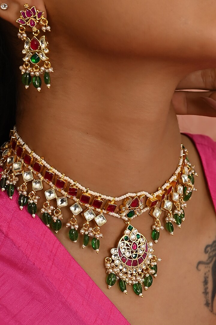Micro Gold Finish Pink Kundan Polki & Green Drop Necklace Set by Namasya at Pernia's Pop Up Shop