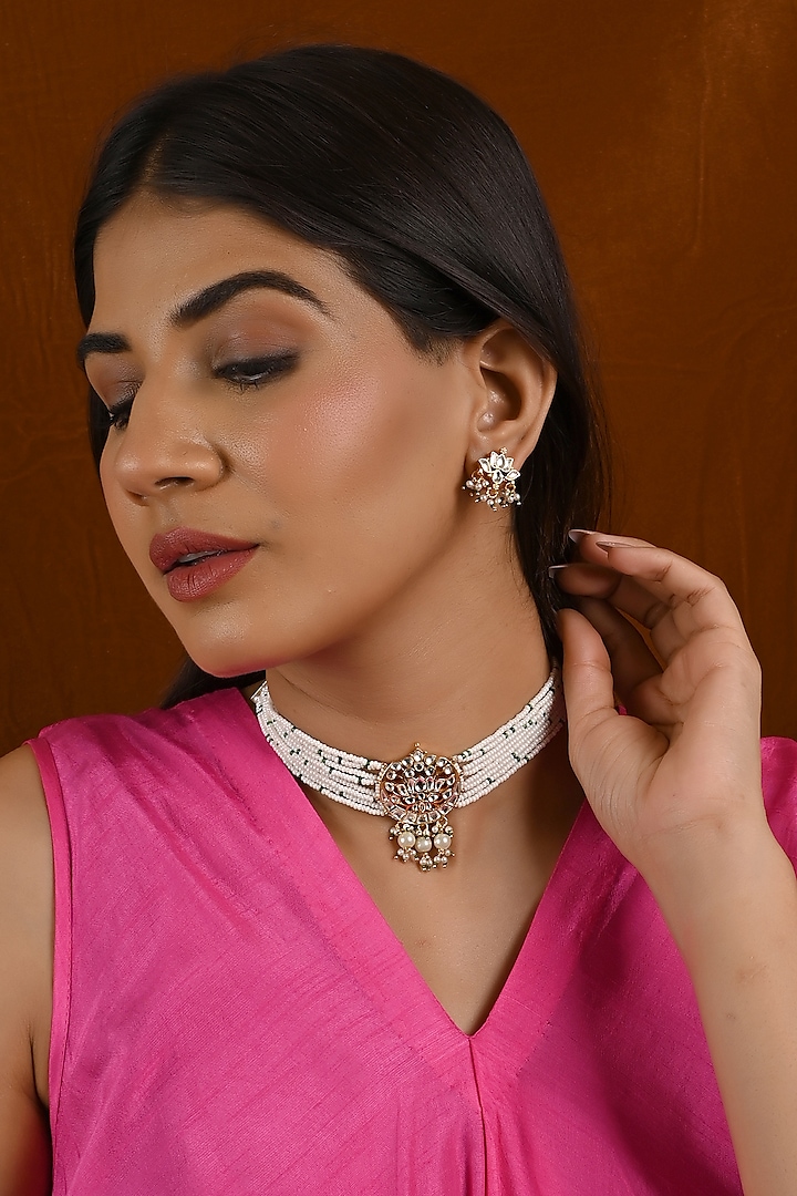 Micro Gold Finish Kundan Polki & Pearl Drop Choker Necklace Set by Namasya at Pernia's Pop Up Shop