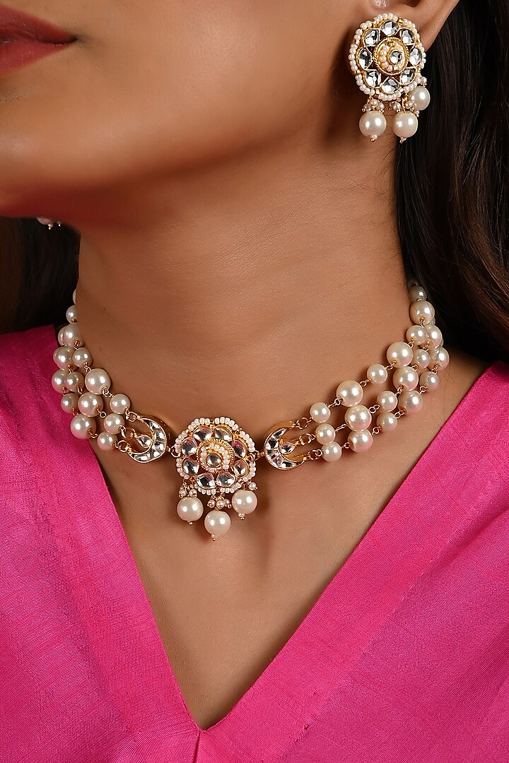 Micro Gold Finish Kundan Polki & Pearl Drop Choker Necklace Set by Namasya at Pernia's Pop Up Shop