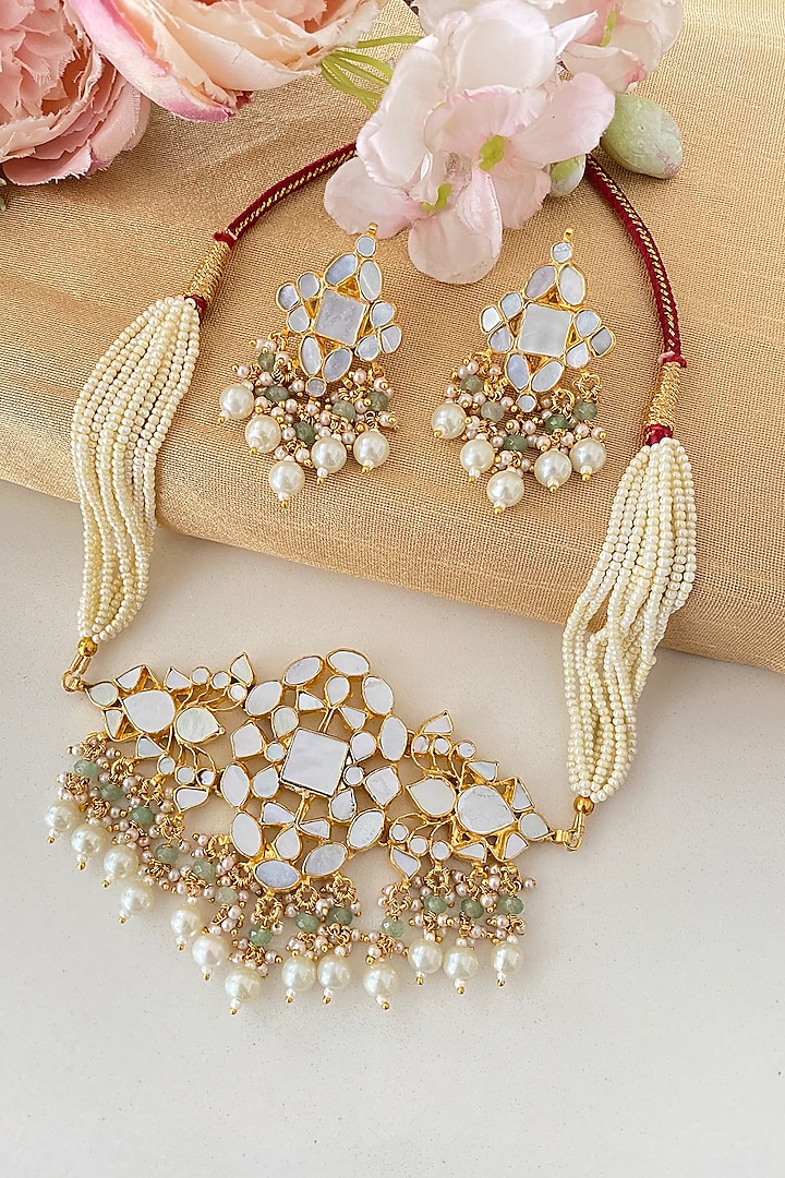 Micro Gold Finish Mother Of Pearl & Pearl Drop Choker Necklace Set by Namasya at Pernia's Pop Up Shop