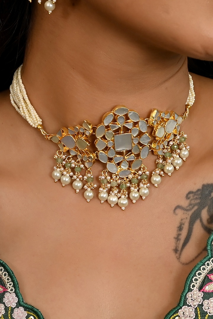 Micro Gold Finish Mother Of Pearl & Pearl Drop Choker Necklace Set by Namasya at Pernia's Pop Up Shop