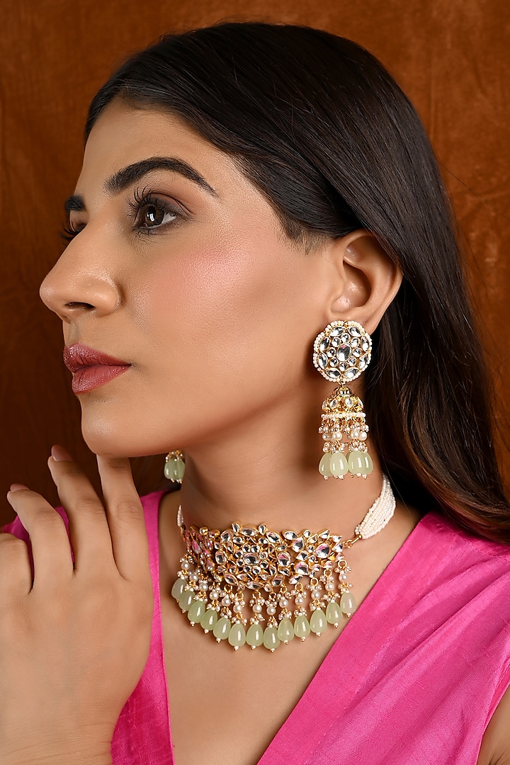 Micro Gold Finish Kundan Polki & Mint Drop Choker Necklace Set by Namasya at Pernia's Pop Up Shop