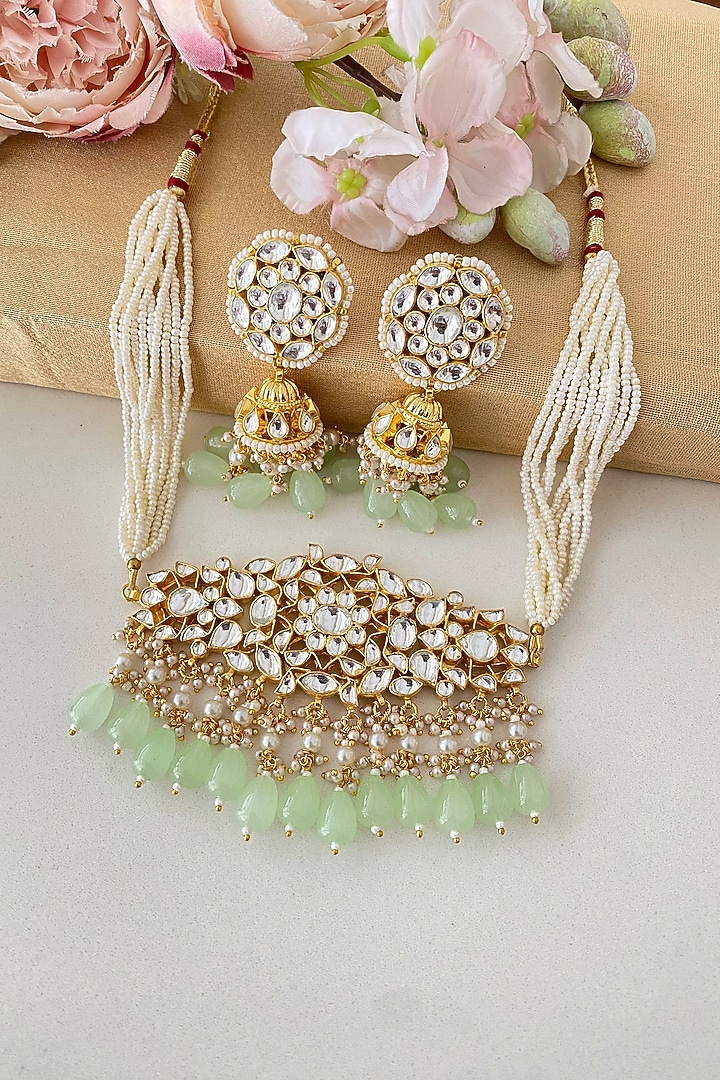 Micro Gold Finish Kundan Polki & Mint Drop Choker Necklace Set by Namasya at Pernia's Pop Up Shop