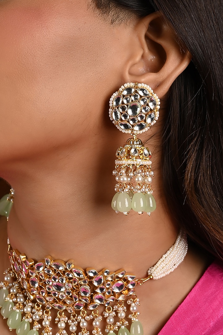 Micro Gold Finish Kundan Polki & Mint Drop Choker Necklace Set by Namasya at Pernia's Pop Up Shop