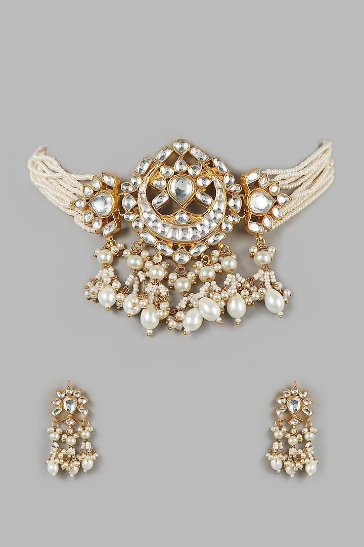 Micro Gold Finish Kundan Polki & Pearl Choker Necklace Set by Namasya
