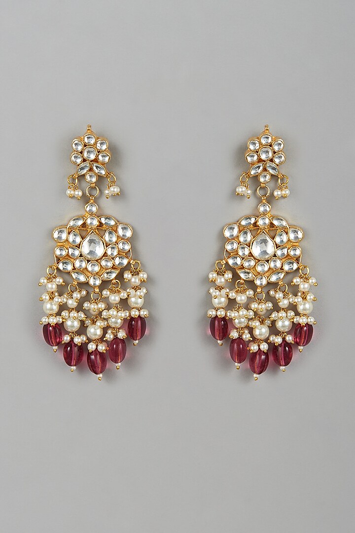 Micro Gold Finish Kundan Polki & Rhodolite Beaded Dangler Earrings by Namasya