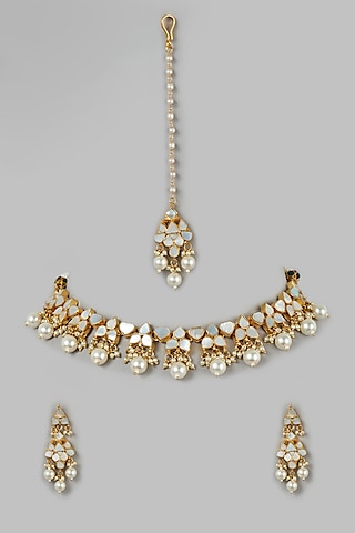 Micro Gold Finish Mother Of Pearl Necklace Set by Namasya