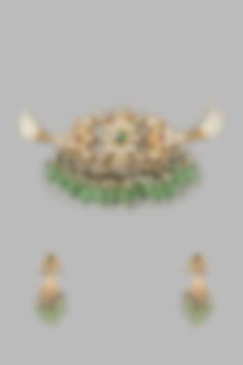Micro Gold Finish Fluorite Drop Choker Necklace Set by Namasya