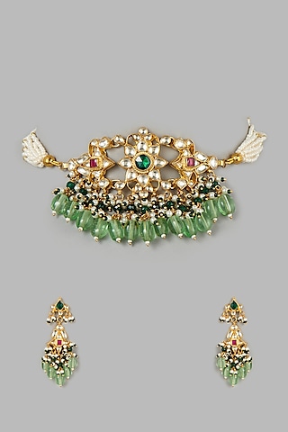 Micro Gold Finish Fluorite Drop Choker Necklace Set by Namasya