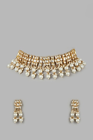 Micro Gold Finish Pearl Choker Necklace Set by Namasya