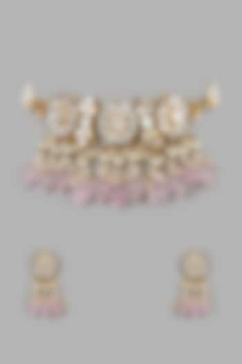 Micro Gold Finish Rose Quartz Choker Necklace Set by Namasya