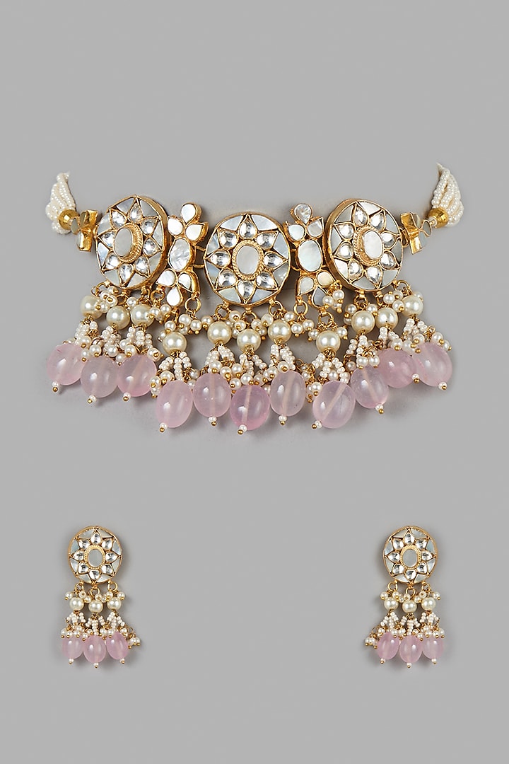 Micro Gold Finish Rose Quartz Choker Necklace Set by Namasya