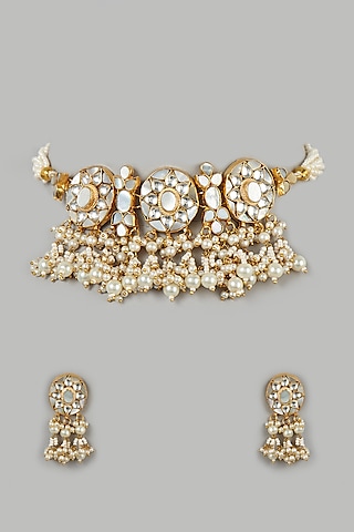 Micro Gold Finish Mother Of Pearl Choker Necklace Set by Namasya