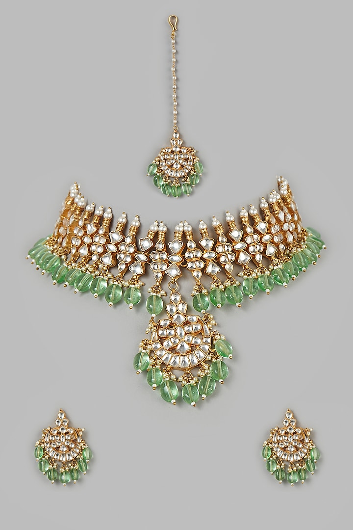 Micro Gold Finish Kundan Polki & Fluorite Beaded Necklace Set by Namasya