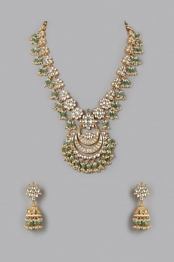 Micro Gold Finish Kundan Polki & Mint Green Beaded Long Necklace Set by Namasya